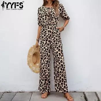 YYFS Women s Fashion Casual Summer Spring Leopard Print Short Sleeve O-Neck High Waist Trousers Jumpsuits & Rompers S хаки
