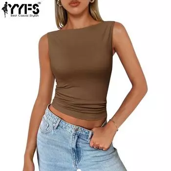 YYFS Women s Fashion Casual Summer Spring Solid Color Print Sleeveless one shoulder Blouses & Shirts S темно-коричневого
