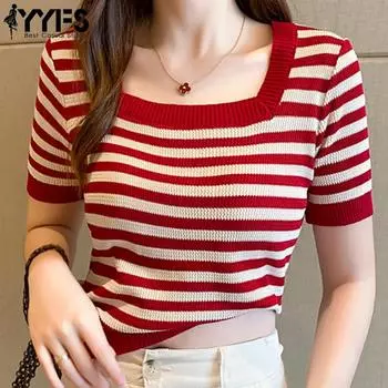 YYFS Women s Fashion Casual Summer Spring Stripe Print Short Sleeve Square Collar Blouses & Shirts One size красный