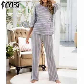 YYFS Women s Fashion Casual Summer Spring Stripe Print 1/2 Sleeves O-Neck Trousers Pants Suits S серый