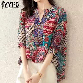 YYFS Women s Fashion Casual Summer Spring Colour Block Print 1/2 Sleeves V-Neck Blouses & Shirts L красный
