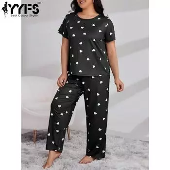 YYFS Women s Fashion Casual Summer Spring Love Letter Print Short Sleeve O-Neck Trousers Pants Suits XL чёрный