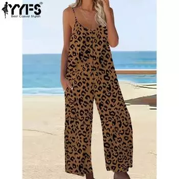 YYFS Women s Fashion Casual Summer Spring Leopard Print Sleeveless V-Neck Loose Waistline Trousers Jumpsuits & Rompers L