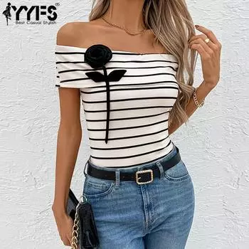 YYFS Women s Fashion Casual Summer Spring Stripe Print Short Sleeve One Shoulder Blouses & Shirts S абрикосовый