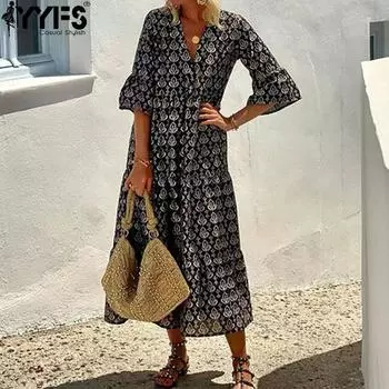 YYFS Женская мода весна осень Богемия рукава 1/2 V-образный вырез свободная талия повседневные платья S чёрный