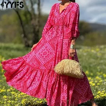 YYFS Женская мода весна осень богемия геометрический принт длинный рукав V-образный вырез средняя талия повседневные платья S красный