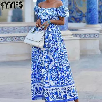 YYFS Женская мода весна осень бохо принт короткий рукав одно плечо высокая талия повседневные платья S синий
