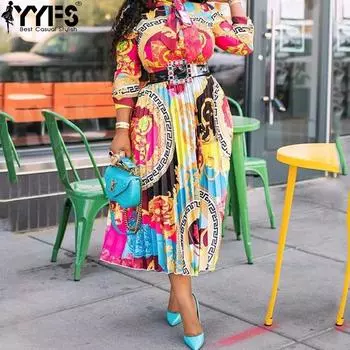 YYFS Women s Fashion Spring Fall Colour Block Print 3/4 Sleeves High Waist Casual Dresses