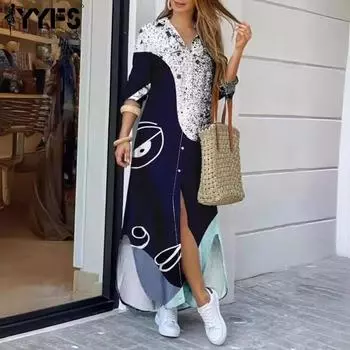 YYFS Women s Fashion Spring Fall Colour Block Print Long Sleeve POLO Neck Loose Waistline Casual Dresses S