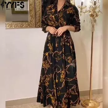 YYFS Женская мода весна осень цветочный узор принт длинный рукав поло воротник высокая талия повседневные платья S серый