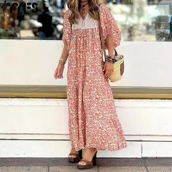 YYFS Женская мода весна осень цветочный узор принт рукава 3/4 V-образный вырез средняя талия повседневные платья S красный