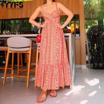 YYFS Женская мода весна осень геометрический принт без рукавов V-образный вырез высокая талия повседневные платья S