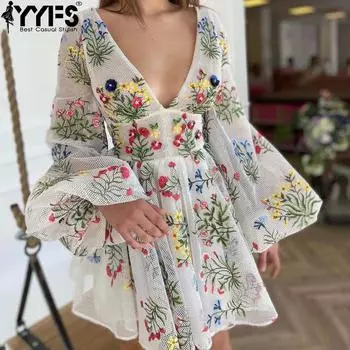 YYFS Женская мода весна-осень Длинные рукава Высокая талия V-образный вырез Коктейльные и вечерние платья S