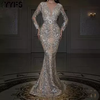 YYFS Женская мода весна-осень Длинные рукава Высокая талия V-образный вырез Коктейльные и вечерние платья S