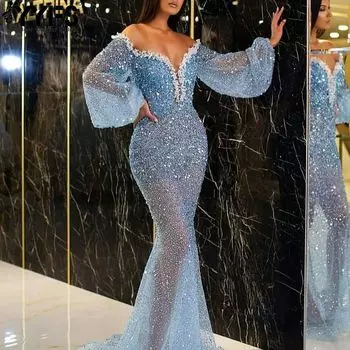 YYFS Women s Fashion Spring Fall Long Sleeve High Waist V-Neck Cocktail & Evening Dresses