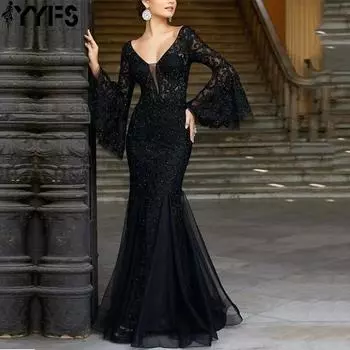 YYFS Women s Fashion Spring Fall Long Sleeve High Waist V-Neck Cocktail & Evening Dresses