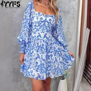 YYFS Женская мода весна осень длинный рукав квадратный воротник высокая талия повседневные платья S синий