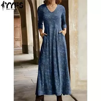 YYFS Женская мода весна осень длинные рукава V-образный вырез повседневные платья S коричневый