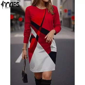 YYFS Women s Fashion Spring Fall Plaid Print Long Sleeve O-Neck Middle Waistline Casual Dresses