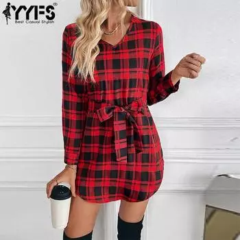 YYFS Women s Fashion Spring Fall Plaid Print Long Sleeve V-Neck High Waist Casual Dresses S красный
