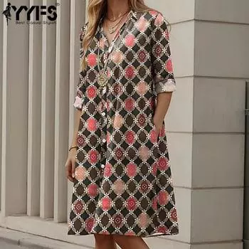 YYFS Women s Fashion Spring Fall Rhombus Print Long Sleeve V-Neck Loose Waistline Casual Dresses S