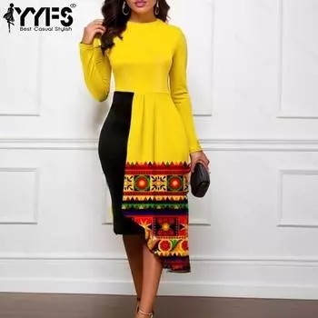 YYFS Женская мода весна осень однотонный принт длинный рукав О-образный вырез средняя талия повседневные платья S чёрный