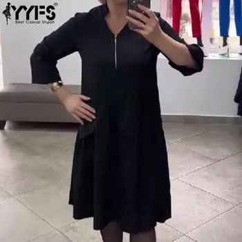 YYFS Women s Fashion Spring Fall Solid Color Print 3/4 Sleeves V-Neck Loose Waistline Casual Dresses S чёрный