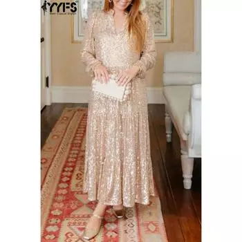 YYFS Женская мода весна осень однотонный принт длинный рукав V-образный вырез средняя талия повседневные платья S шампанского