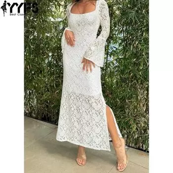 YYFS Женская мода весна осень однотонный принт длинный рукав квадратный воротник высокая талия повседневные платья S белый