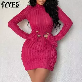 YYFS Women s Fashion Spring Fall Solid Color Print Long Sleeve High Neck High Waist Casual Dresses S розы красного