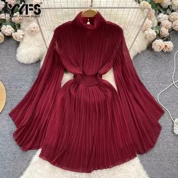 YYFS Women s Fashion Spring Fall Solid Color Print Long Sleeve High Neck High Waist Casual Dresses Size: One Size бордовый