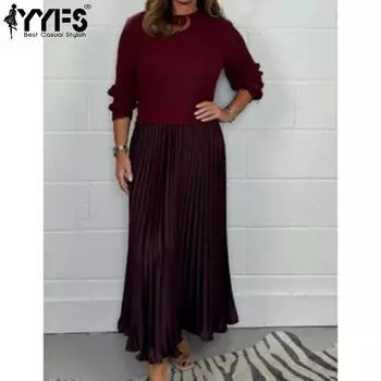 YYFS Women s Fashion Spring Fall Solid Color Print Long Sleeve O-Neck High Waist Casual Dresses S коричневый