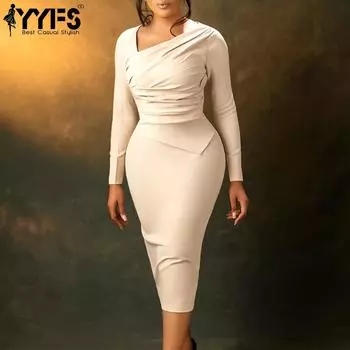 YYFS Women s Fashion Spring Fall Solid Color Print Long Sleeve Oblique Collar High Waist Casual Dresses S абрикосовый