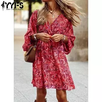YYFS Women s Fashion Summer Spring 3/4 Sleeves V-Neck High Waist Casual Dresses S красный