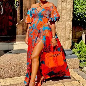 YYFS Women s Fashion Summer Spring Colour Block Print Short Sleeve Hanging Neck High Waist Casual Dresses