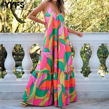 YYFS Women s Fashion Summer Spring Colour Block Print Sleeveless V-Neck Loose Waistline Casual Dresses