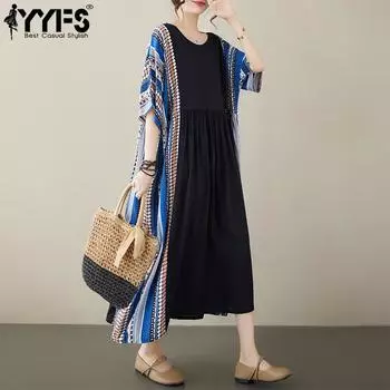 YYFS Women s Fashion Summer Spring Colour Block Print 1/2 Sleeves O-Neck Loose Waistline Casual Dresses Size: One Size
