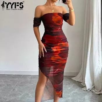 YYFS Women s Fashion Summer Spring Colour Block Print Short Sleeve High Waist Casual Dresses S