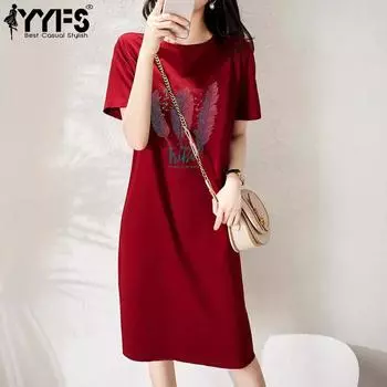 YYFS Women s Fashion Summer Spring Feather Print Short Sleeve O-Neck Loose Waistline Casual Dresses M