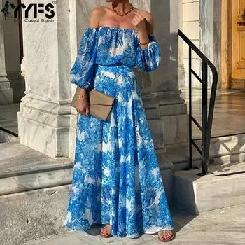 YYFS Женская мода лето весна цветочный узор принт длинный рукав одно плечо средняя талия повседневные платья S синий