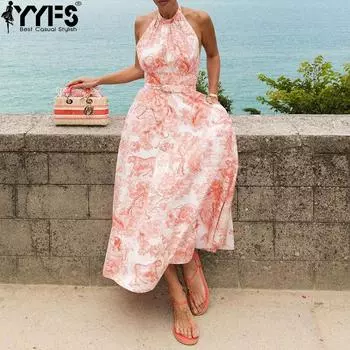 YYFS Женская мода лето весна цветочный узор принт без рукавов свисающий вырез средняя талия повседневные платья S розовый
