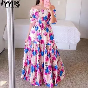 YYFS Women s Fashion Summer Spring Flower Pattern Print Short Sleeve One Shoulder High Waist Casual Dresses