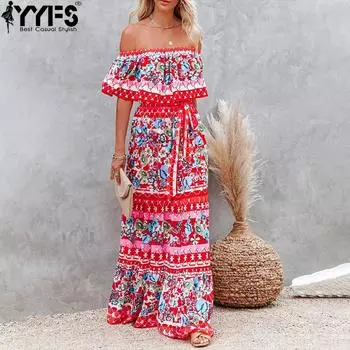 YYFS Women s Fashion Summer Spring Flower Pattern Print Short Sleeve One Shoulder High Waist Casual Dresses