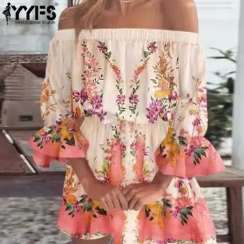 YYFS Women s Fashion Summer Spring Flower Pattern Print Short Sleeve One shoulder High Waist Casual Dresses S