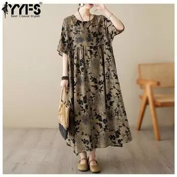 YYFS Women s Fashion Summer Spring Flower Pattern Print 1/2 Sleeves O-Neck Loose Waistline Casual Dresses Size: One Size хаки