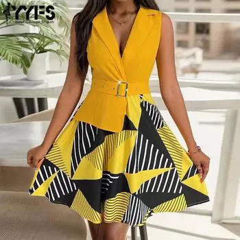 YYFS Женская мода на лето и весну повседневные платья без рукавов с геометрическим принтом и воротником-поло с высокой талией S жёлтый