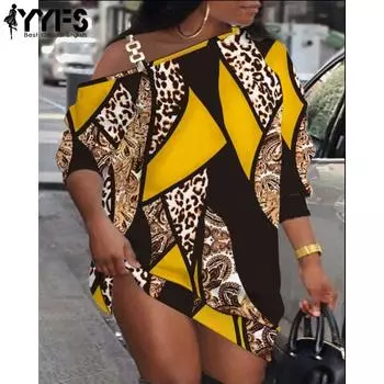 YYFS Women s Fashion Summer Spring Leopard Print Short Sleeve Oblique Collar Loose Waistline Casual Dresses S