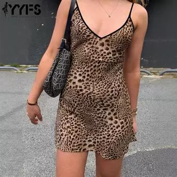 YYFS Women s Fashion Summer Spring Leopard Print Sleeveless V-Neck Middle Waistline Casual Dresses S коричневый