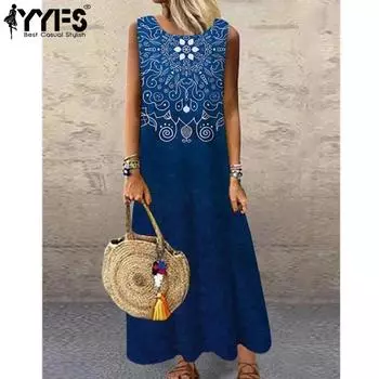 YYFS Женская мода лето весна принт без рукавов с круглым вырезом повседневные платья S