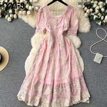 YYFS Women s Fashion Summer Spring Short Sleeve Square Collar High Waist Casual Dresses S розовый